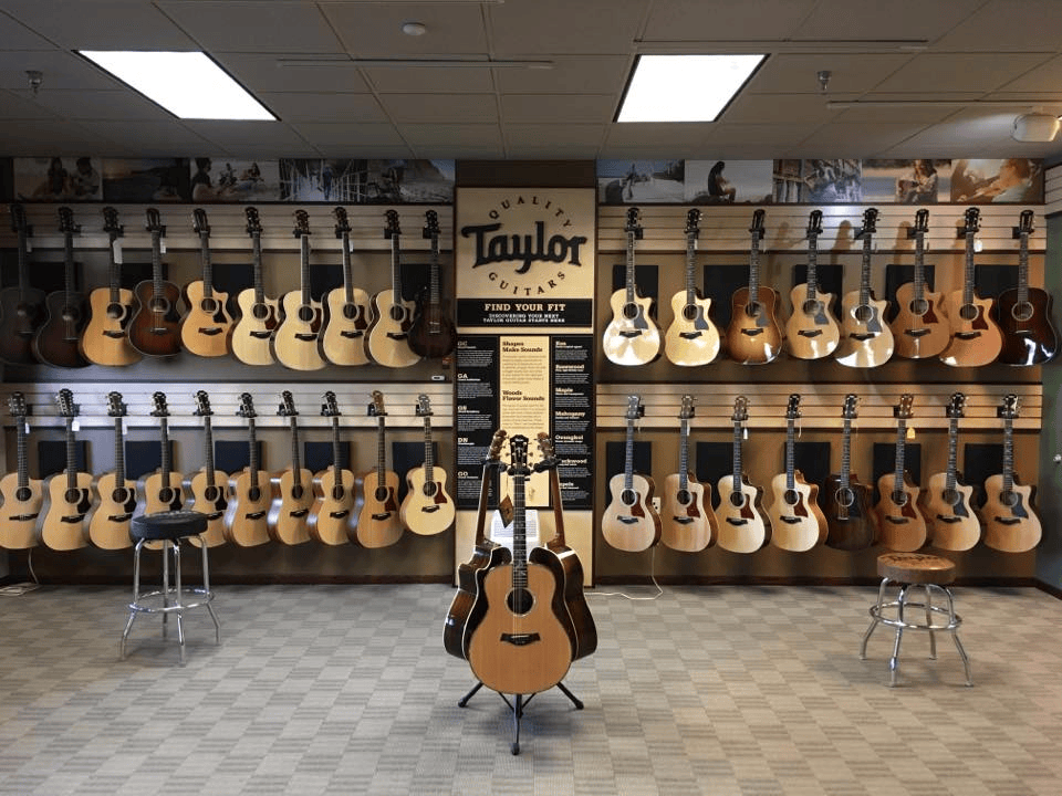 Taylor guitar display at Flatland Guitar